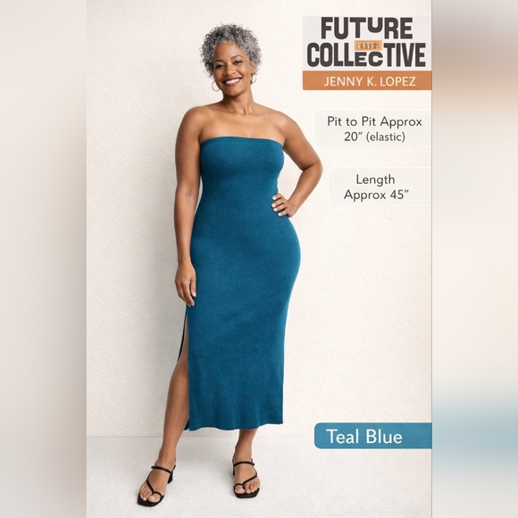 Future Collective Teal Blue Strapless Ribbed Midi Dress Size 3X Elastic Top NWT - Picture 7 of 9